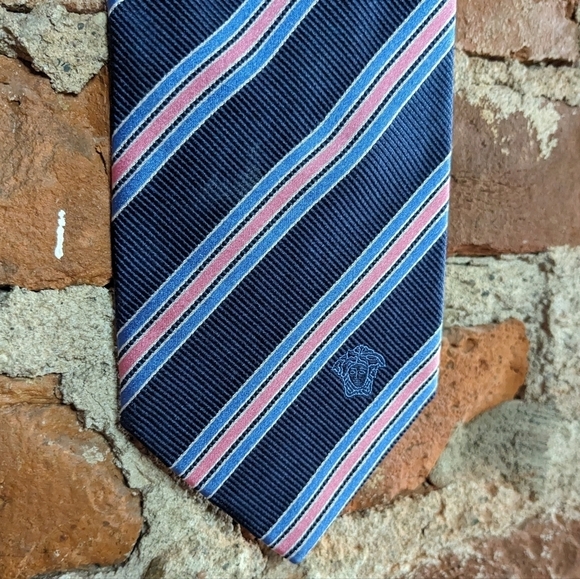 Versace Blue, Pink, &‎ White Diagonal Stripes 100% Silk Tie